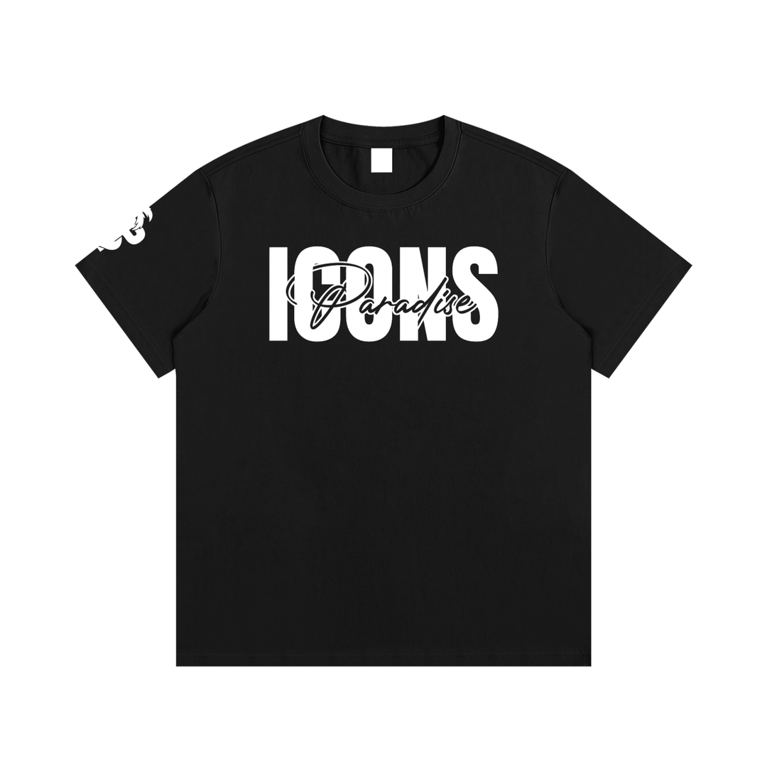 Essential ICONS T-Shirt in black featuring bold white 'ICONS Paradise' print, stylish and comfortable for everyday wear.