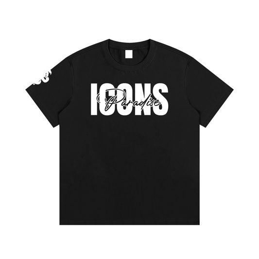 Essential ICONS T-Shirt in black featuring bold white 'ICONS Paradise' print, stylish and comfortable for everyday wear.