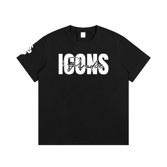 Essential ICONS T-Shirt in black featuring bold white 'ICONS Paradise' print, stylish and comfortable for everyday wear.