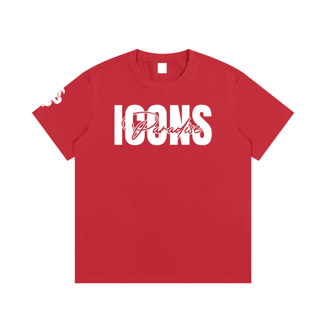 Essential ICONS T-Shirt featured in red with bold text design for stylish comfort.