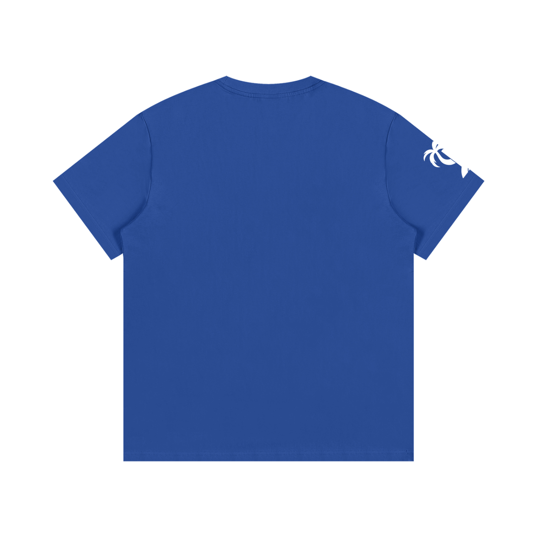 Back view of the Essential ICONS T-Shirt in blue, showcasing its comfortable and stylish design.