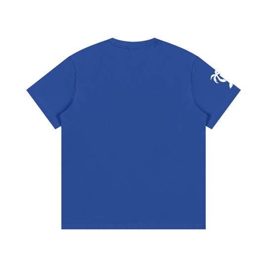 Back view of the Essential ICONS T-Shirt in blue, showcasing its comfortable and stylish design.